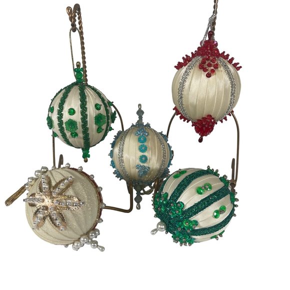 Vintage Beaded and Satin Wrapped Handmade Ornaments Set of 5 - Picture 1 of 6